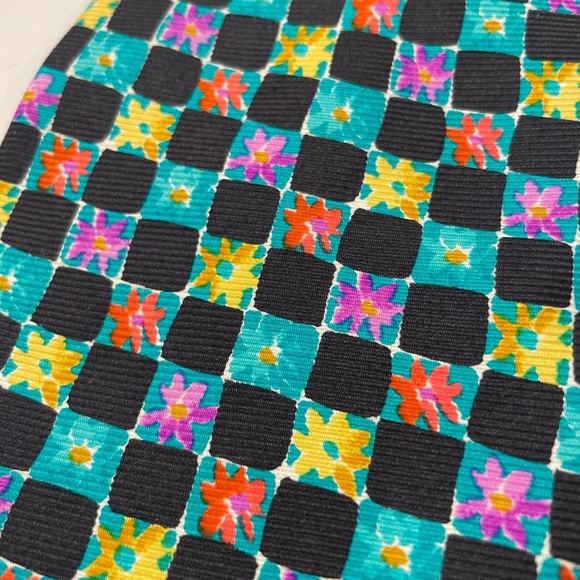 Versus Gianni Versace Silk Colorful Floral Tie Made In Italy Teal Black Squares - Picture 2 of 5